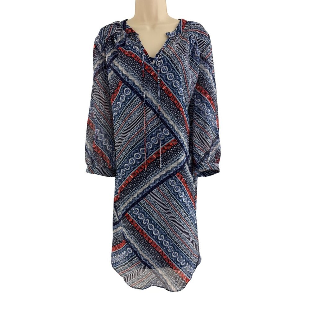AGB‎ Blue Print Chiffon Shift Tunic Dress Size 18W Plus 3/4 Sleeves All-Season